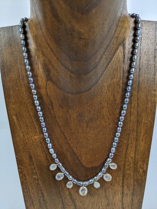 Pearl Jewelry - Iridescent Pearl & Moonstone Necklace Statement Vintage Teardrop